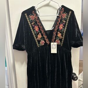 THML Black Mini Dress with Floral Embroidery